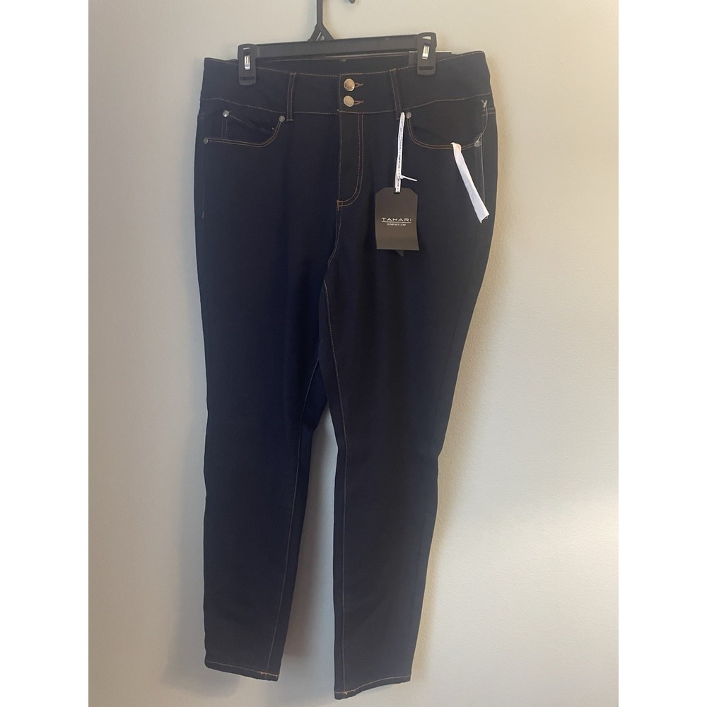 Tahari Jeans Womens Dark Blue Charlotte Double Button Skinny Comfort Luxe 14 NWT